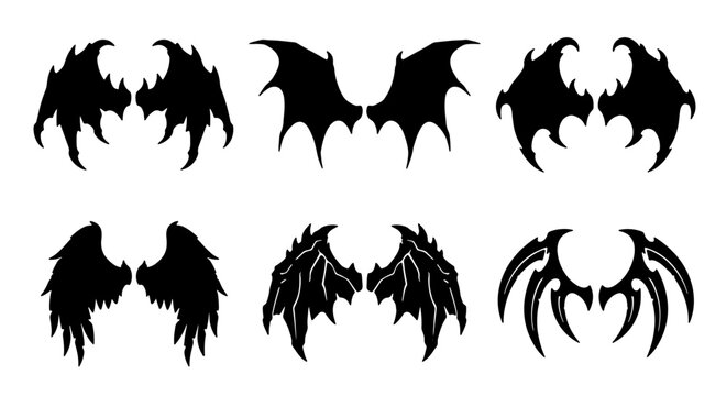 Dark Angel and Demon Wings Vector Icons Set, Gothic Fantasy Silhouette Collection, Spooky Halloween Graphic Elements