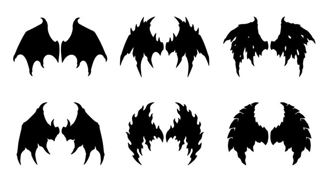 Six Black Silhouette Wing Icons, Fantasy Angel Demon Bat Designs, Vector Graphic Elements for Creative Projects