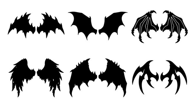 Set of 6 Black Silhouette Devil Wings, Fantasy Creature Wings, Gothic Angel Wings Vector Icons, Spooky Halloween Elements for Design