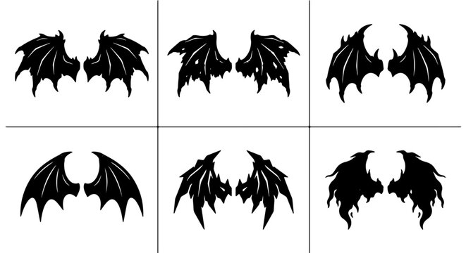 Set of 6 Black Dragon Wings, Gothic Devil Wings, Fantasy Creature Emblems, Vector Graphics for Halloween and Dark Themes
