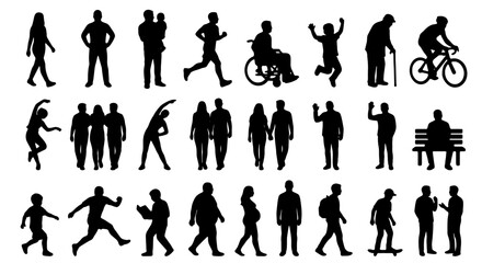 Diverse Human Silhouettes Collection, 30 Vector Icons Representing People in Motion, Activity, and Daily Life Scenarios © Shohel