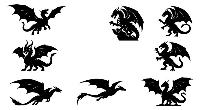 Mythical Dragon Silhouettes Collection, Fantasy Creature Vector Icons, Ancient Legend Beast Graphics, Dark Winged Serpent Art