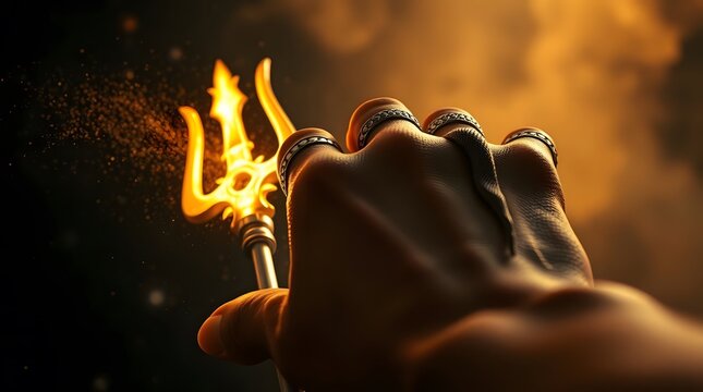 A hand holding a flaming trident with smoke and fire in the background