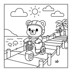 Scooter riding bear cub wearing a helmet travels on a wooden bridge near palm trees coloring page © Crafter
