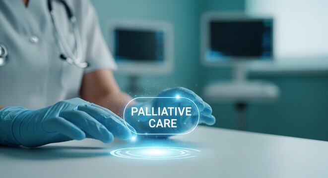 Healthcare professional in protective gloves holding palliative care badge in hospital setting