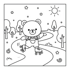 Rollerblading bear cub skates down a winding park path on a sunny day in a cute vector coloring page © Crafter