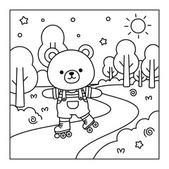 Rollerblading bear cub wearing denim overalls skates down a winding park path vector coloring page © Crafter