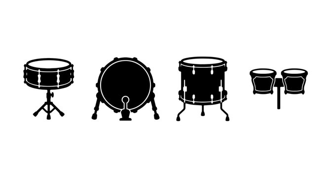 Drum Set Icons, Percussion Instruments Vector Collection, Musical Equipment Graphics, Black and White Drum Kit Elements