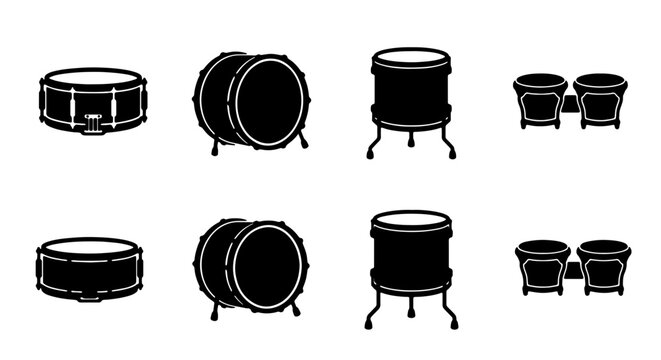 Drum Icons Set, Percussion Instruments Vector Collection, Musical Equipment Graphics, Snare, Bass, Tom, Bongo Drums