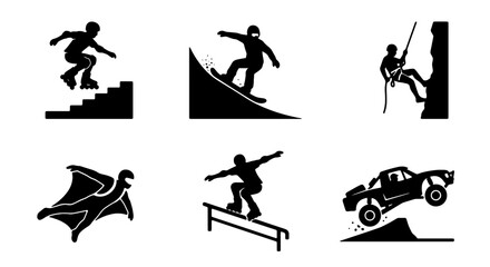 Extreme Sports Icons Set: Snowboarding, Rock Climbing, Wingsuit Flying, Skateboarding, Off-Road Truck, Action Silhouette Vector Graphics © Iqbal