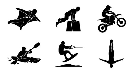 Extreme Sports Icons Set: Wingsuit Flying, Parkour, Motocross, Kayaking, Wakeboarding, Diving Silhouettes for Action and Adventure Graphics © Iqbal