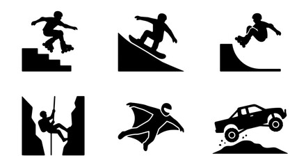 Extreme Sports Icons Set: Action Silhouette Collection, Extreme Activities, Adventure & Adrenaline Vector Graphics for Design © Iqbal