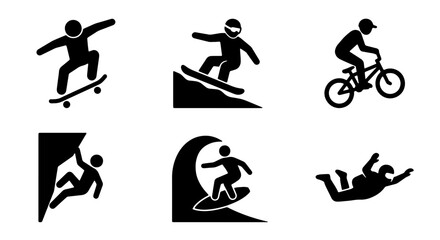 Extreme Sports Icons Set: Skateboarder, Snowboarder, BMX Rider, Climber, Surfer, Skydiver, Action, Adventure, Vector Graphics © Iqbal