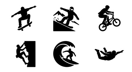 Extreme Sports Icons Set: Skateboarder, Snowboarder, BMX Rider, Climbers, Surfer, Skydiver Silhouettes. Action Vector Graphics for Adventure and Recreation. © Iqbal