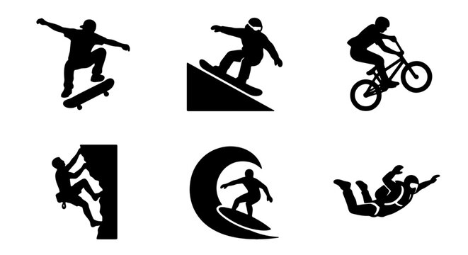 Extreme Sports Icons Set: Skateboarder, Snowboarder, BMX Rider, Climbers, Surfer, Skydivers, Action Silhouette Collection