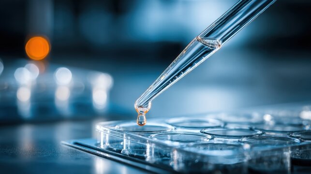 Close-Up Image of a Precision Pipette Dropping Liquid into a Clear Microplate in a Modern Laboratory Setting