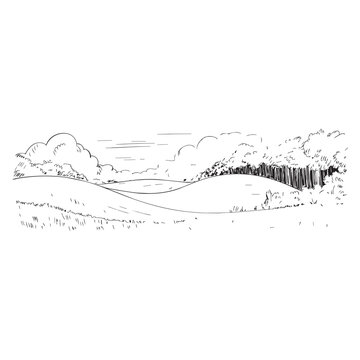Sketch of rolling landscape with trees bushes and clouds drawing.