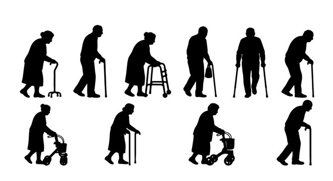 Elderly Silhouettes Collection: Senior Citizens Walking with Canes and Walkers, Diverse Mobility Aids, Black Vector Icons for Healthcare and Ageing Concepts