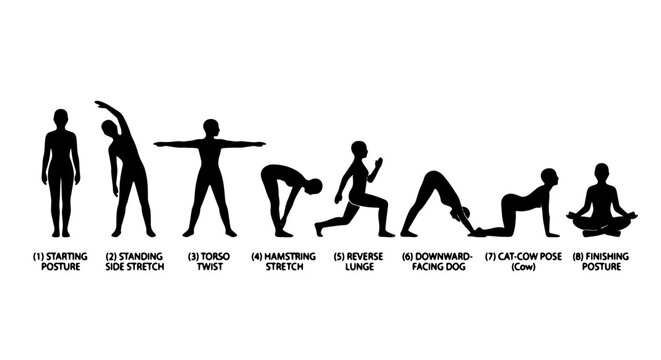 Yoga Poses Silhouette Set, 8 Poses for Fitness and Wellness, Vector Illustration for Health and Exercise