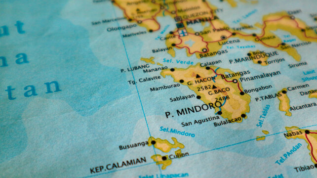 Map of Mindoro Island, southwest of Luzon, northeast of Palawan, Philippines