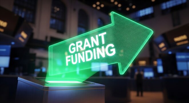 Green glowing arrow with grant funding text on digital screen background