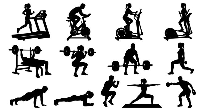 Fitness Silhouette Icons Set, Gym Workout Vector Graphics, Exercise Machine Illustrations, Weightlifting and Cardio Training Collection
