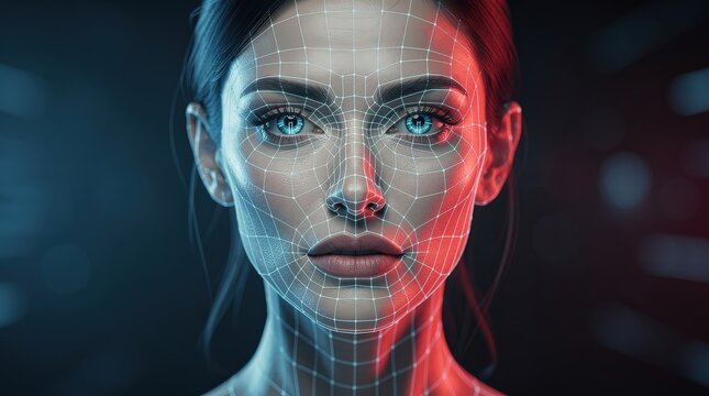A digital facial mesh overlays a woman's face, highlighting 3D modeling and facial recognition technology with a futuristic and tech-focused aesthetic.