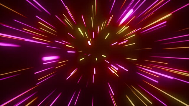 Neon lines zoom. A dynamic abstraction with neon beams radiating from the center creates the effect of rapid movement through space. Suitable for technology design or graphic theme animation.