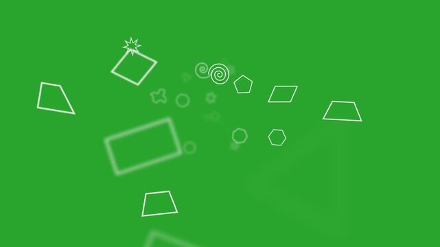 Basic flat geometric shapes hearts stars circles animated on a green screen chroma key background.  professional compositing abstract visual transparent computer style effects ultra for concept