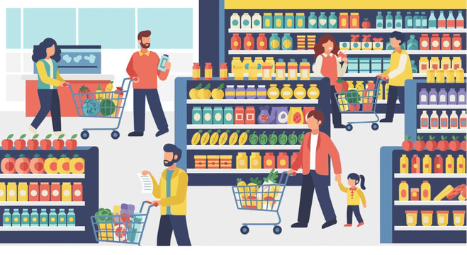 Diverse shoppers with carts in a brightly lit, modern supermarket aisle, stocking up.