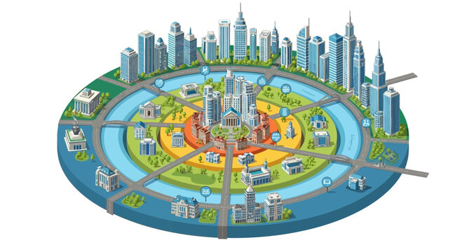 Circular city skyline with concentric rings, river, roads, and modern architecture.