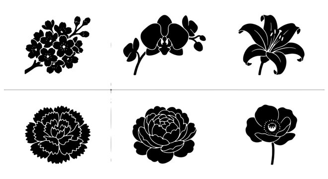 Black Silhouette Flower Icons Set: Delicate Orchid, Carnation, Peony, Lily, Anemone, and Cherry Blossom Vector Graphics for Floral Design and Nature Themes