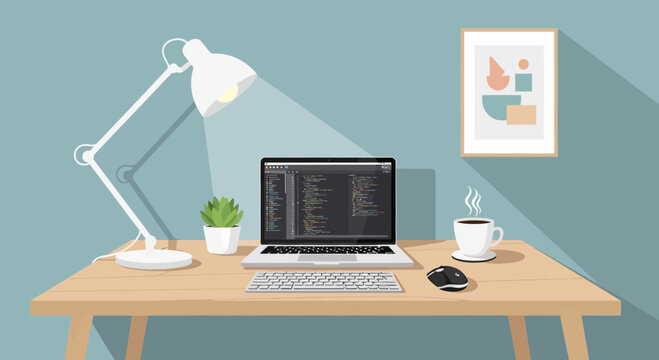 Home office desk with laptop, desk lamp, coffee, and modern art.