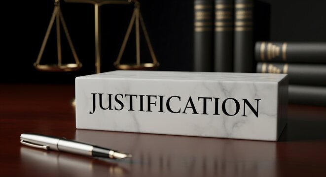 Justification concept with wooden blocks and gavel on table