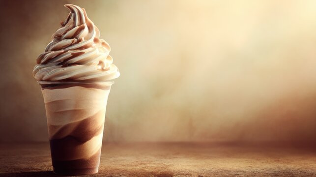 Delicious swirled ice cream cone in a clear cup on a textured background showcasing creamy and inviting dessert for summer enjoyment and indulgence
