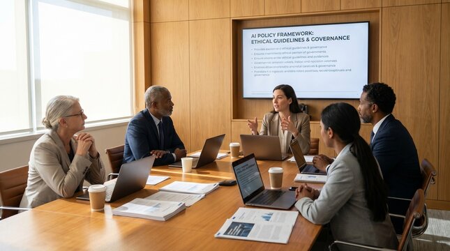 Diverse Business Team in Boardroom Meeting Discussing AI Policy Framework, Ethical Guidelines and Governance