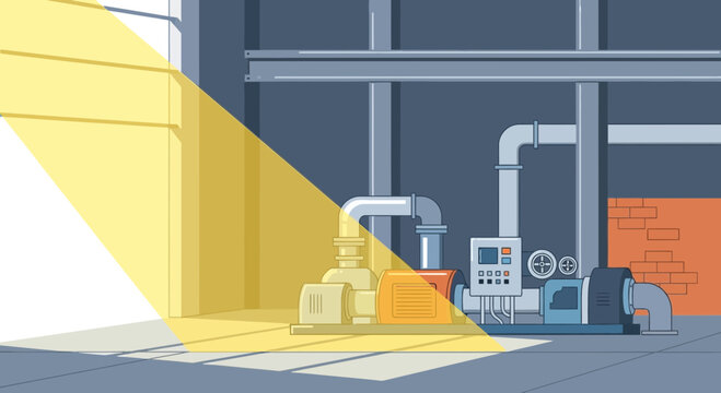 Industrial pump system illuminated by bright sunlight beam in factory interior.