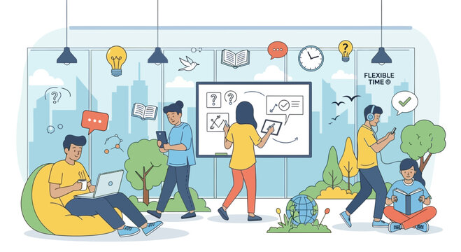 Diverse people working and learning in a modern flexible office with city view