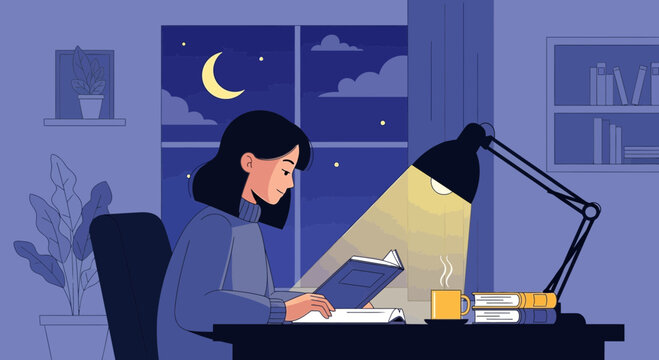 Young woman studying late at night under a desk lamp, reading a book, moonlit window