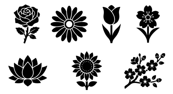 Black Silhouette Flower Icons Set: Rose, Daisy, Tulip, Cherry Blossom, Lotus, Sunflower, Branch - Vector Graphics for Design