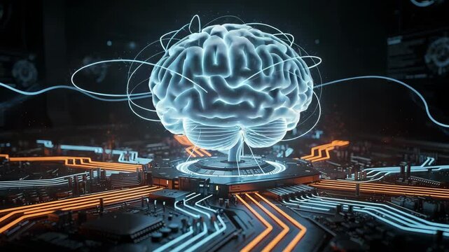 Glowing digital brain above futuristic circuit board with electric blue and orange energy streams