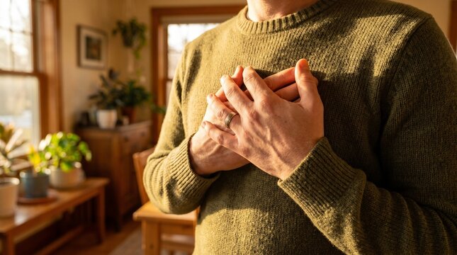 Man with Hands Over Heart Expressing Gratitude and Sincerity in Sunlit Home Interior