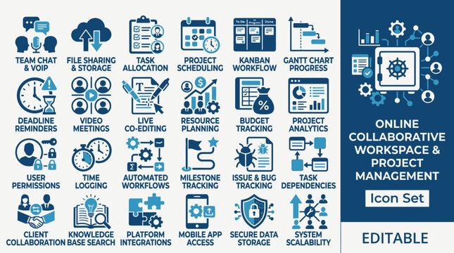 Online collaborative workspace and project management icons on a digital interface