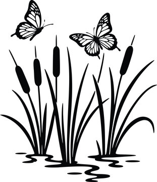 Two Butterflies Flying Over Marsh Grass in Minimalist Line Art Illustration