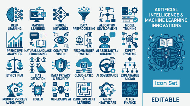 A futuristic illustration of various artificial intelligence and machine learning icons on a surface.