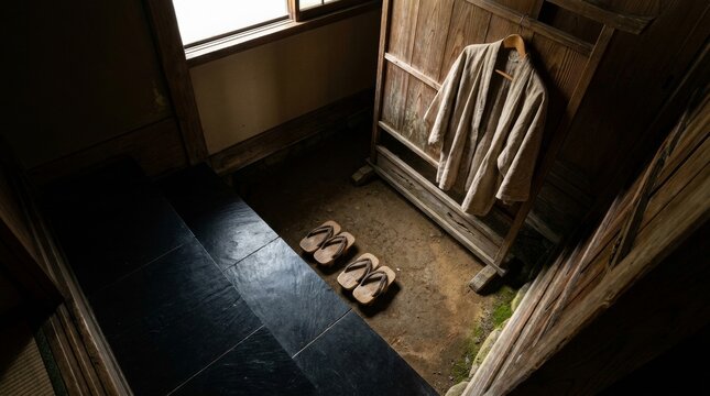 Traditional Japanese entrance hall with wooden geta sandals on a dirt floor and a linen robe hanging on a rustic stand.