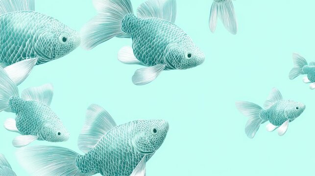 Illustration of multiple blue fish swimming in a light blue background, showcasing detailed scales and fins, ai animal backgrounds for kids