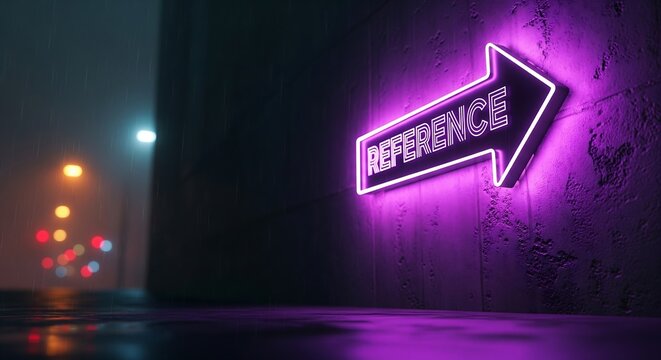 Neon reference sign glowing on dark pixelated background with light effects