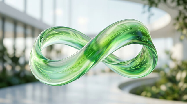 Abstract green infinity symbol with leaf patterns floating in a modern, bright interior