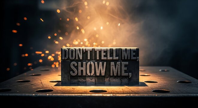 Neon show me sign glowing in dark urban store window at night